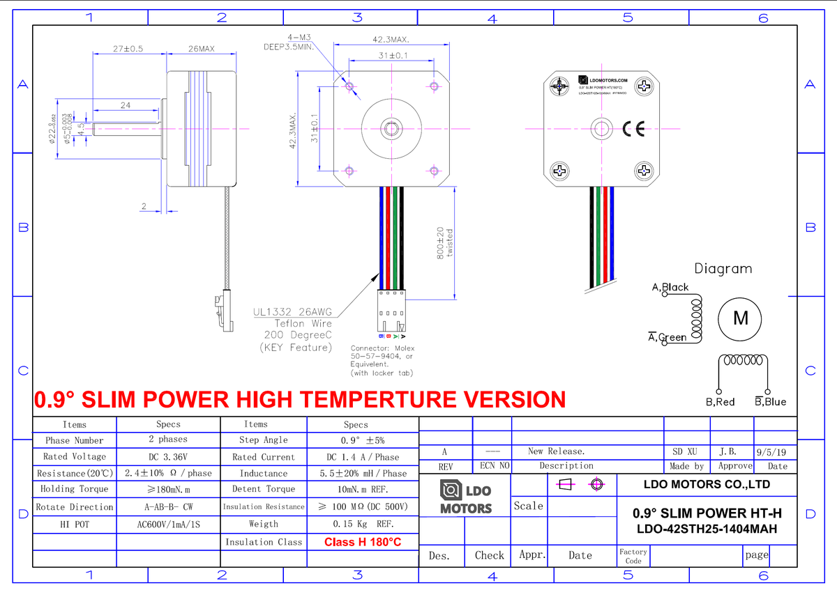 High Temp Nema 17 Class H (180C) Pancake Stepper 0.9°, view 3