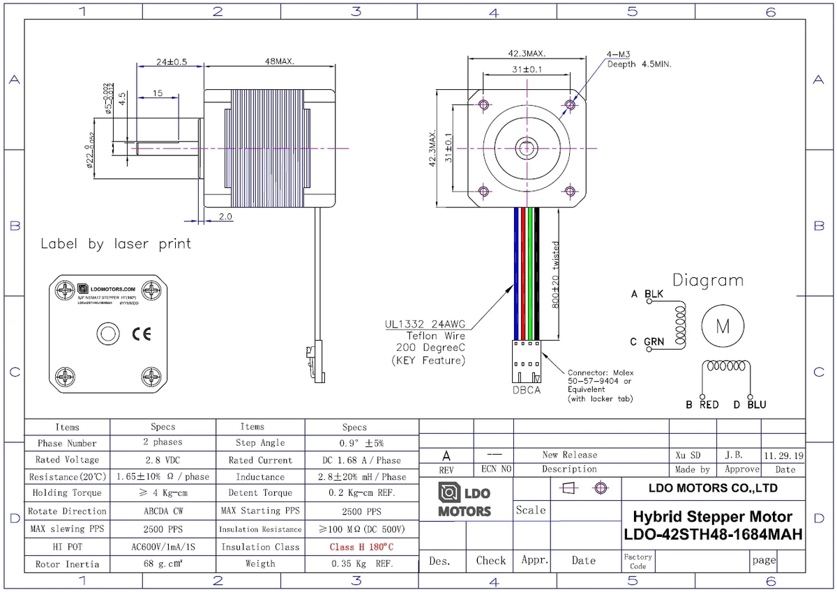 High Temp Nema 17 Class H (180C) Stepper 0.9° X/Y/Z, view 5
