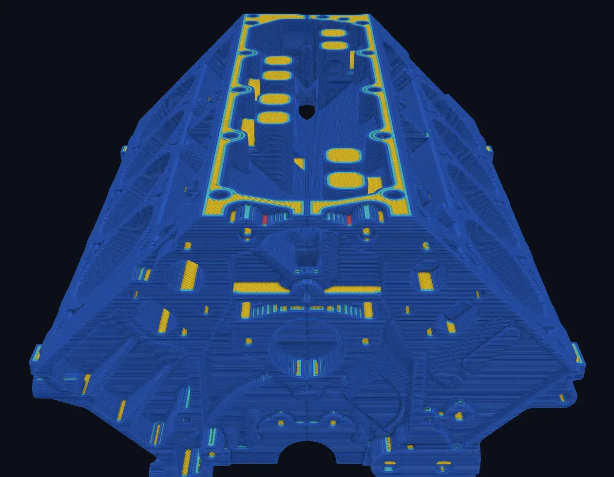PrintSlice Pro preview of a sliced engine block colored by feature type