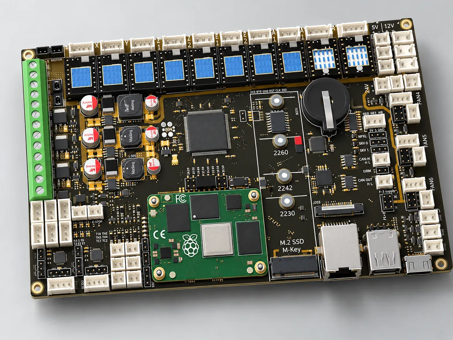 Starforge Mainboard V2 render, seen from above: stepper driver sockets, CM5 compute module, M.2 slot and I/O