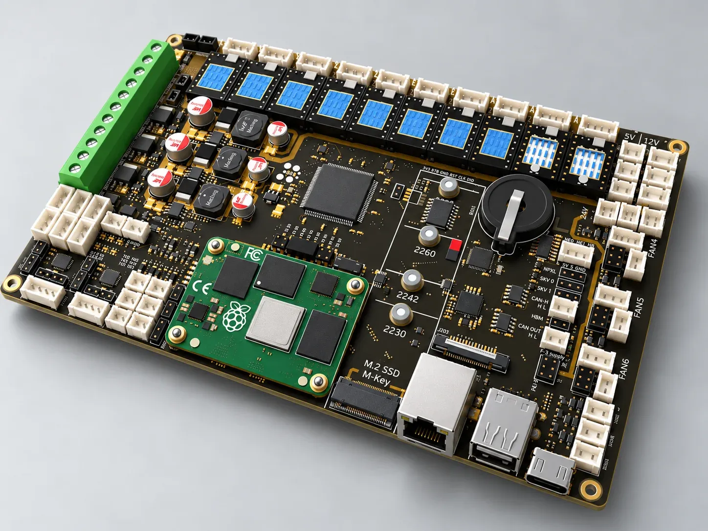Starforge Mainboard V2 render: ten stepper driver sockets, the CM5 compute module and the onboard M.2 slot
