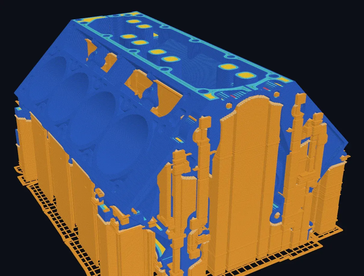 Contour supports following the outline of a part: a 45-degree single-shell body with a dense crossed interface and footing pads
