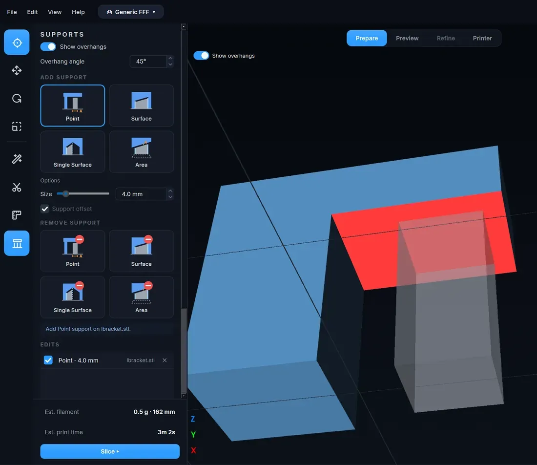PrintSlice Pro support editor with overhang shading and the Point, Surface, Single Surface and Area tools